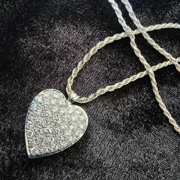 Stunning Vintage 14k White Gold 1.85ctw Diamond Heart Pendant + 16in Rope Chain - Picture 1 of 12